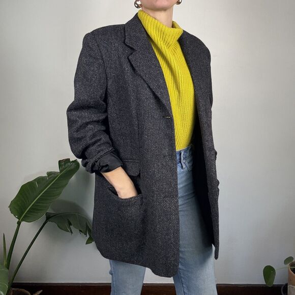 Vintage 80s 90s Wool Tweed Oversized Blazer Gray Donegal Style - Picture 4 of 14